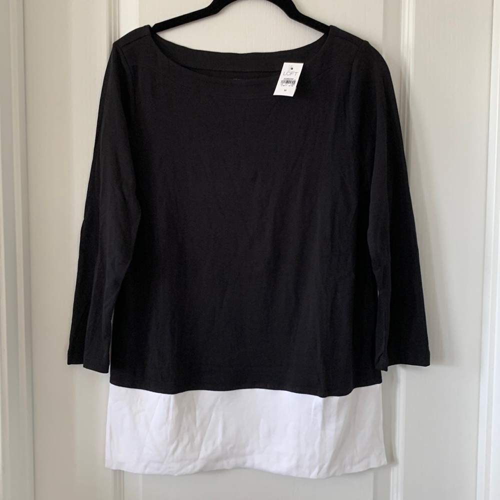 NWT LOFT Black/White Colorblock 100% Pima Cotton Boatneck Top Size Medium